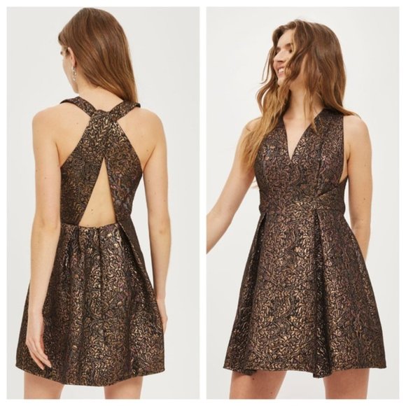 Topshop Jacquard Metallic Gold/Black/Pink Opulent Jacquard Party Dress Size 4 - Picture 1 of 16